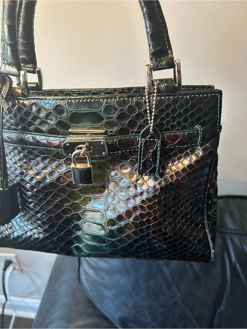 Danier Dark Green Croc-Embossed Satchel with Padlock Vintage